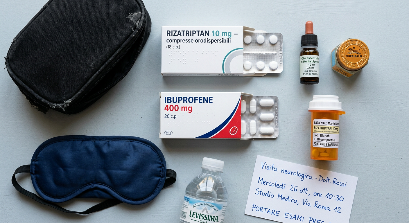 Il kit di chi soffre di emicrania: triptani, ibuprofene, olio di menta, balsamo di tigre, mascherina per gli occhi e un promemoria per la visita neurologica