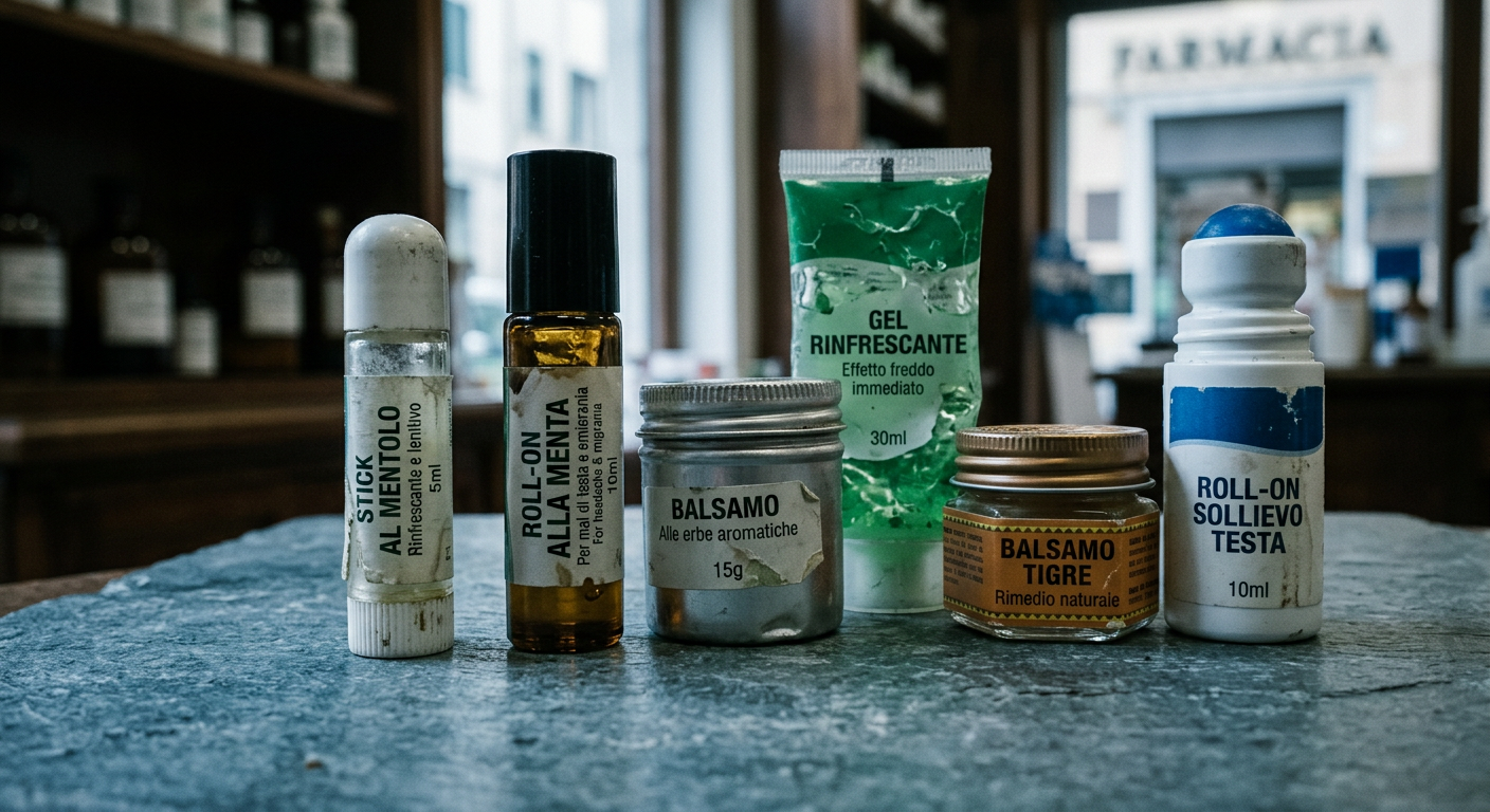 Stick al mentolo, gel rinfrescanti e balsami comprati in farmacia, mezzi vuoti